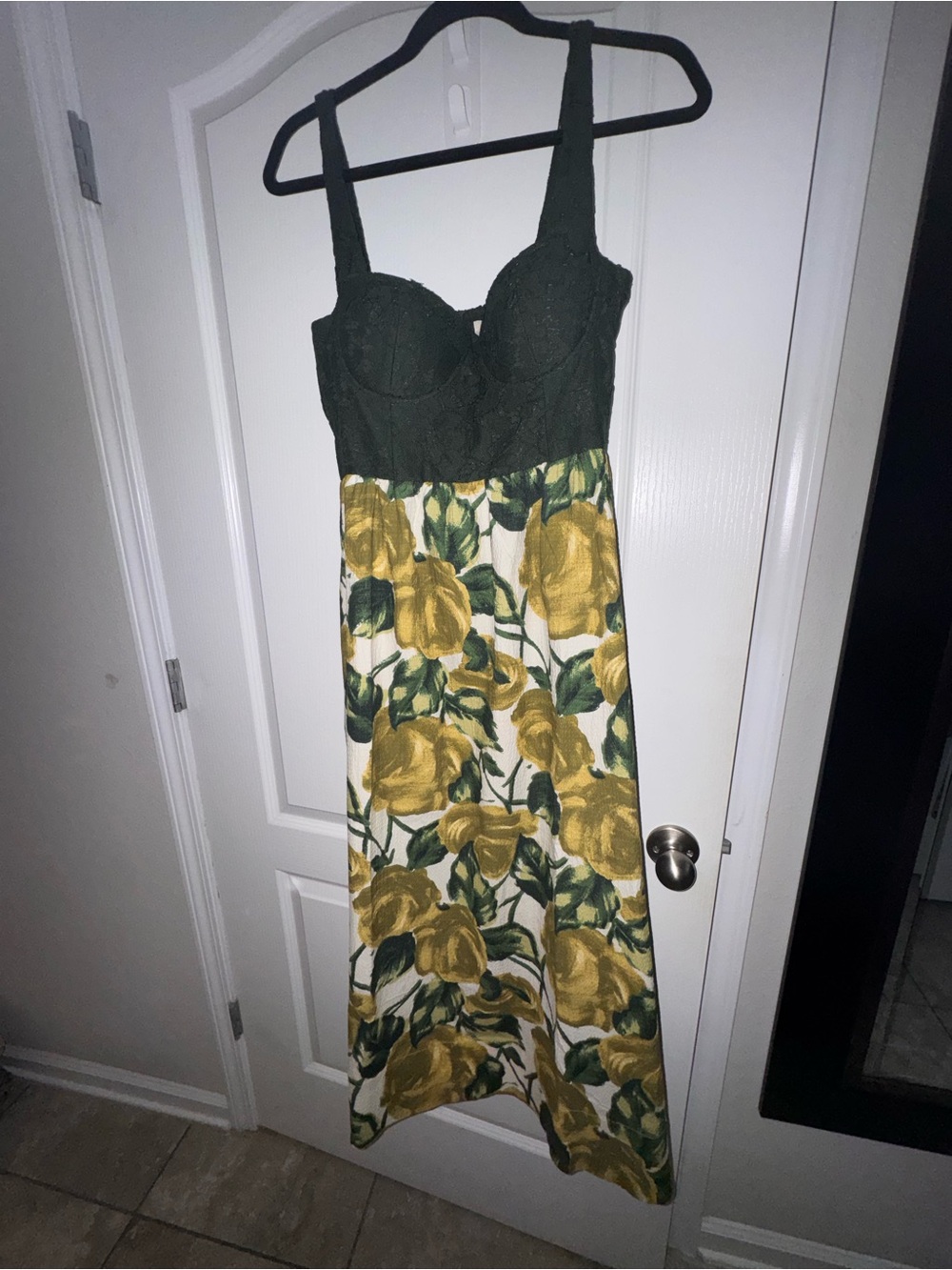 Tuckernuck Olive Bust Floral Midi Dress with Yellow Rose Print